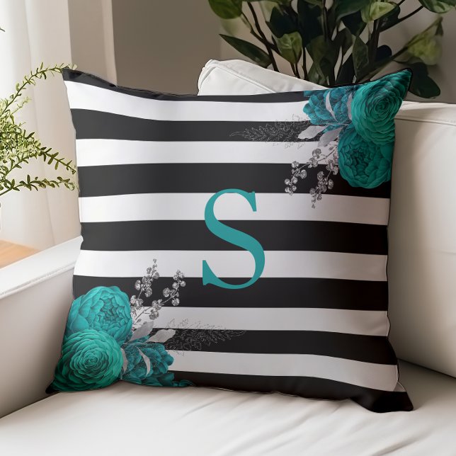 Teal Silver Floral Monogram Black White Stripes Throw Pillow (Creator Uploaded)