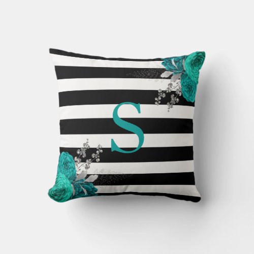 Teal Silver Floral Monogram Black White Stripes Throw Pillow