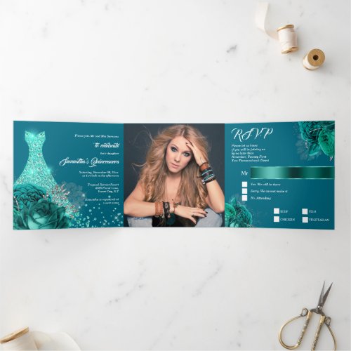 Teal silver floral rose quinceanera glitter gown Tri_Fold invitation