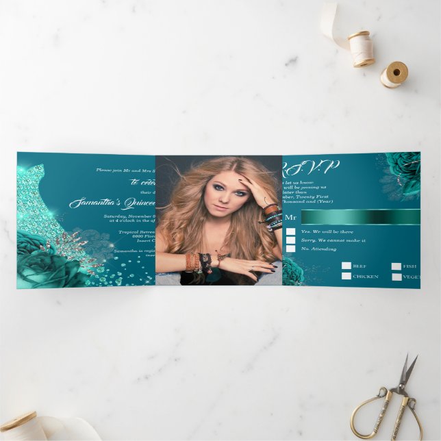 Teal silver floral rose quinceanera glitter gown Tri-Fold invitation (Inside)