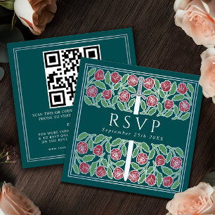Teal Silver Floral Royal Wedding RSVP QR Code Enclosure Card