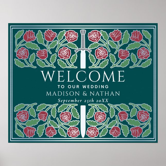 Teal Silver Floral Royal Wedding Welcome Sign (Front)