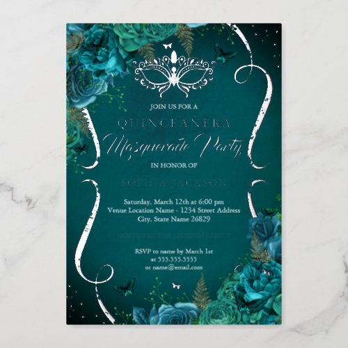 Teal Silver Floral Scroll Masquerade Quinceanera Foil Invitation