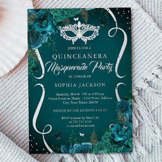 Teal Silver Floral Scroll Masquerade Quinceanera Foil Invitation