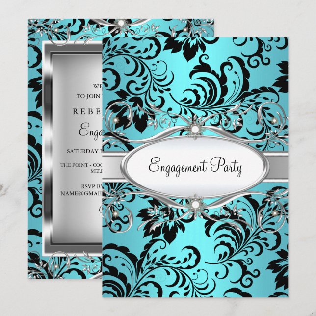 Teal Silver Floral Swirl Engagement Party Invitation (Front/Back)