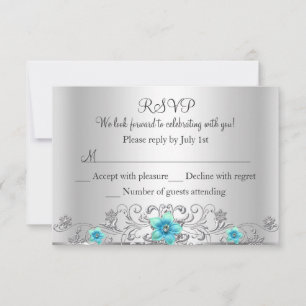 Teal Silver Floral Swirl RSVP Card