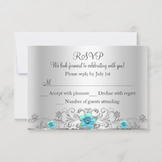 Teal Silver Floral Swirl RSVP Card