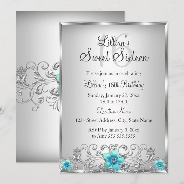 Teal Silver Floral Swirl Sweet 16 Invitation (Front/Back)