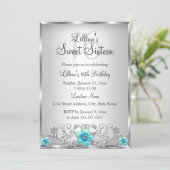 Teal Silver Floral Swirl Sweet 16 Invitation (Standing Front)