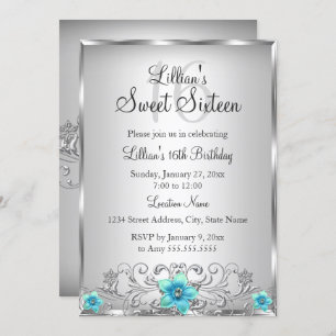 Teal Silver Floral Swirl Sweet 16 Invitation