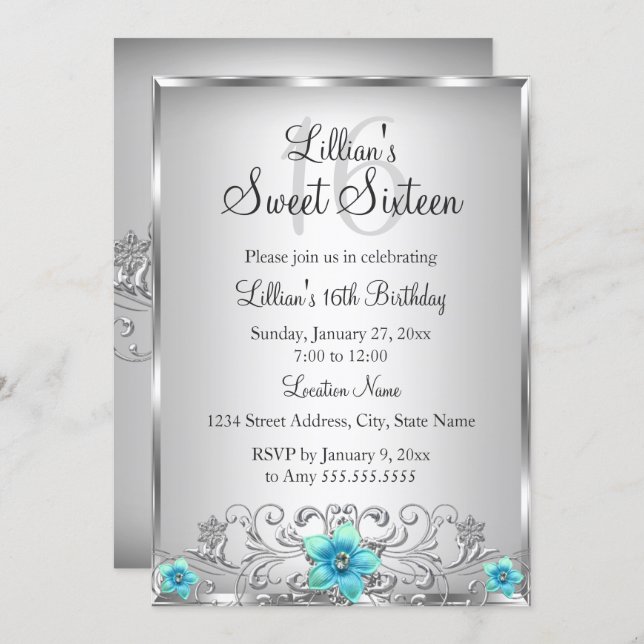 Teal Silver Floral Swirl Sweet 16 Invitation (Front/Back)