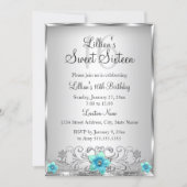 Teal Silver Floral Swirl Sweet 16 Invitation (Front)