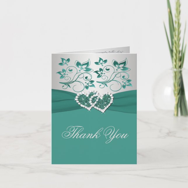 Teal, Silver Floral Wedding Photo Thank You Card (Front)