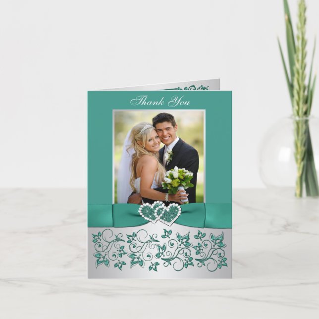 Teal, Silver Floral Wedding Photo Thank You Card (Front)