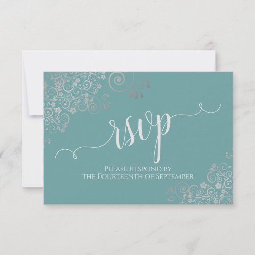 Teal  Silver Frills Elegant Calligraphy Wedding RSVP Card