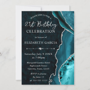 Teal & Silver Glitter Agate and marble Birthday Invitation