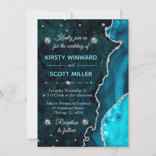 Teal & Silver Glitter Agate and marble Wedding Invitation