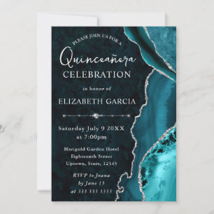 Teal  & Silver Glitter Agate Quinceanera Invitation