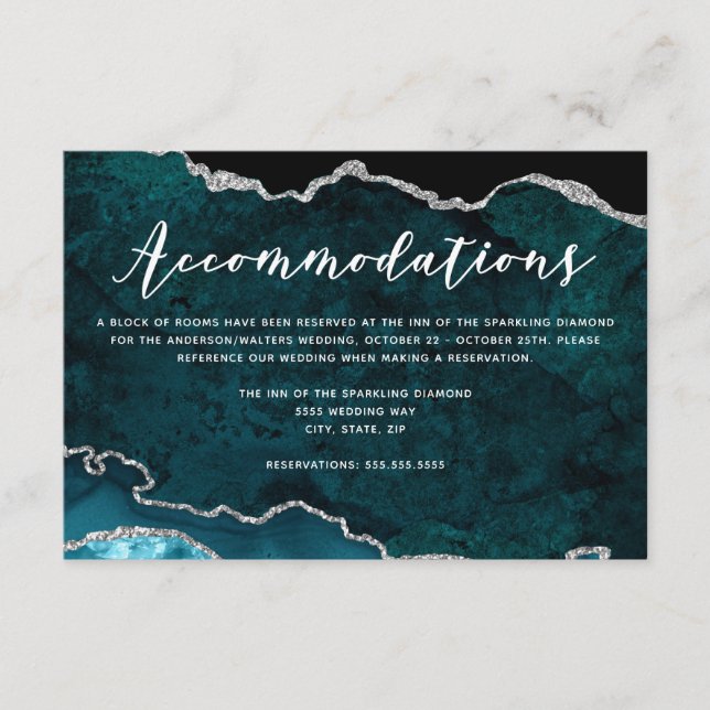 Teal Silver Glitter Agate Wedding Accommodations Enclosure Card (Front)