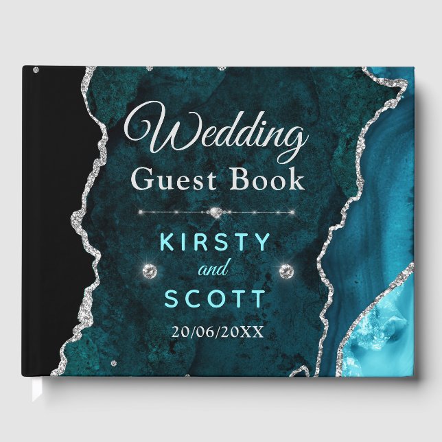Teal & Silver Glitter Agate Wedding Guest Book (Front)