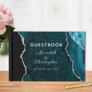 Teal Silver Glitter Agate Wedding Guest Book