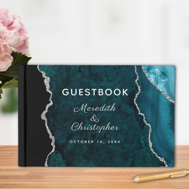 Teal Silver Glitter Agate Wedding Guest Book (Creator Uploaded)