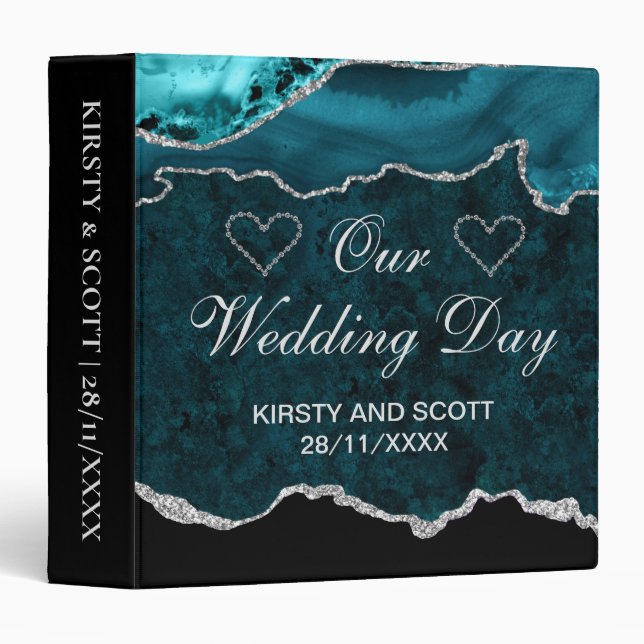 Teal & Silver Glitter Agate Wedding Photo Album 3 Ring Binder (Front/Spine)