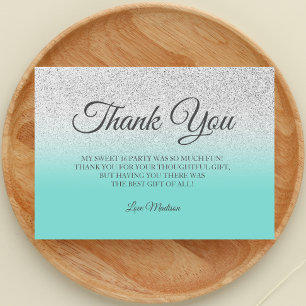 Teal Silver glitter blue green thank you Sweet 16 Card