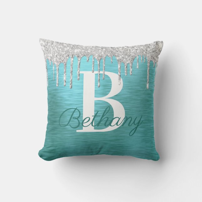Teal Silver Glitter Brushed Metal Monogram Name Th Throw Pillow (Front)