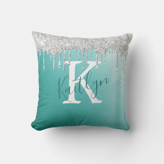 Teal Silver  Glitter Brushed Metal Monogram Script Throw Pillow (Front)