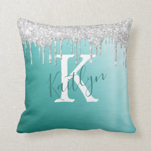 Teal Silver Glitter Brushed Metal Monogram Script Throw Pillow