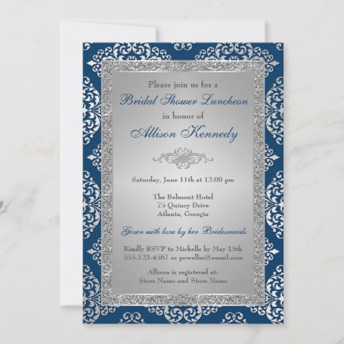 Teal Silver Glitter Damask Bridal Shower Invite