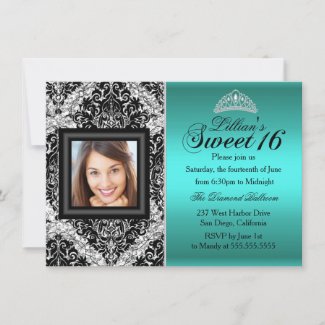 Teal Silver Glitter Damask Photo Sweet 16 Invitation