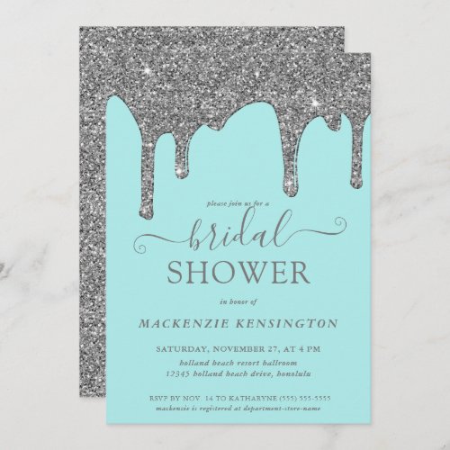 Teal Silver Glitter Drips Bridal Shower Invitation