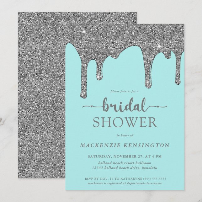 Teal Silver Glitter Drips Bridal Shower Invitation (Front/Back)