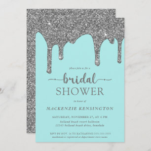 Teal Silver Glitter Drips Bridal Shower Invitation