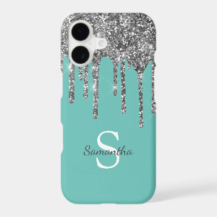 Teal Silver Glitter Drips Sparkle Monogram Name iPhone 17 Case
