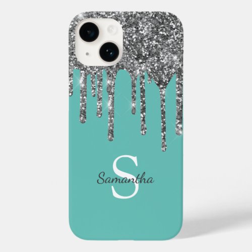 Teal Silver Glitter Drips Sparkle Monogram Name Case_Mate iPhone 14 Case