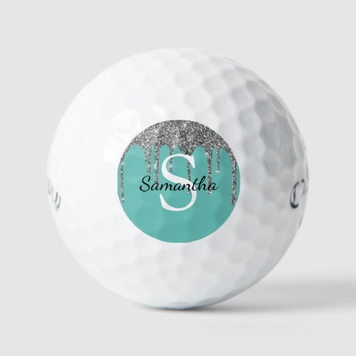 Teal Silver Glitter Drips Sparkle Monogram Name Golf Balls