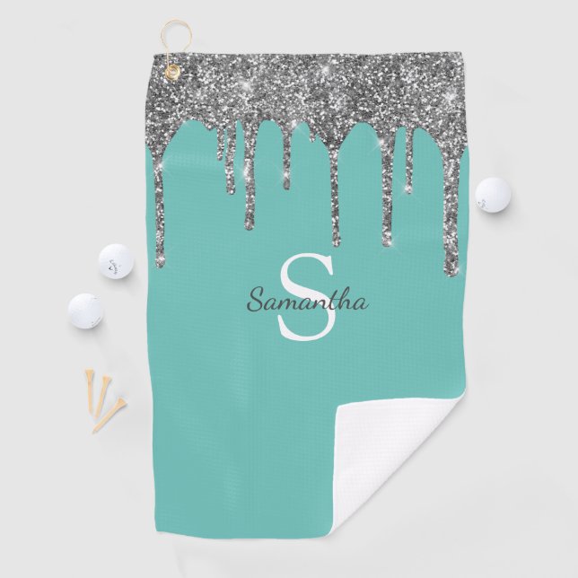 Teal Silver Glitter Drips Sparkle Monogram Name Golf Towel (InSitu)