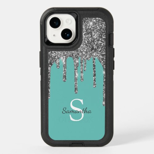 Teal Silver Glitter Drips Sparkle Monogram Name OtterBox iPhone 14 Case