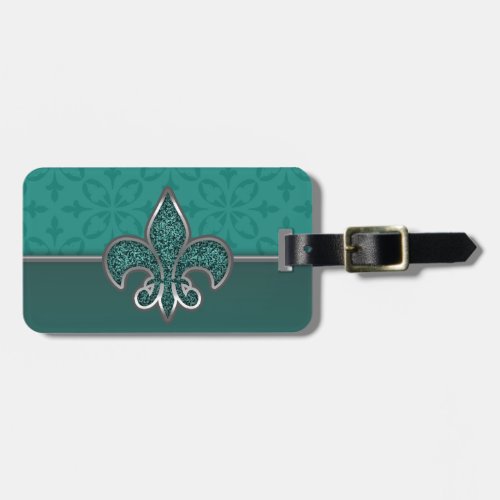 Teal Silver Glitter Fleur De Lis Luggage Tag