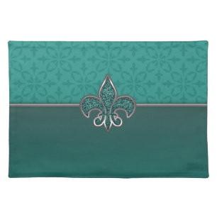 Teal Silver Glitter Fleur De Lis Placemat