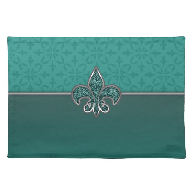 Teal Silver Glitter Fleur De Lis Placemat (Front)