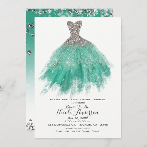 Teal  Silver Glitter Glam Dress Bridal Shower Invitation