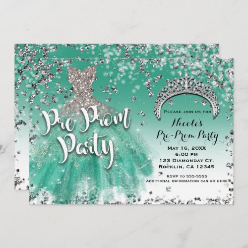 Teal  Silver Glitter Glam Dress Pre Prom Party Invitation