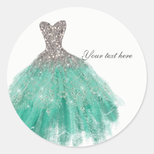 Teal  Silver Glitter Glamour Dress Birthday Party Classic Round Sticker