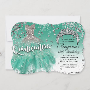 Teal Silver Glitter Glamour Dress Quinceañera 15 Invitation