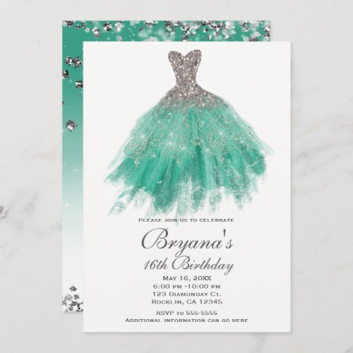 Teal  Silver Glitter Glamour Dress Sweet 16 Party Invitation