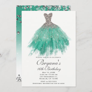 Teal & Silver Glitter Glamour Dress Sweet 16 Party Invitation